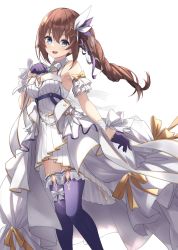 Rule 34 | 1girl, :d, absurdres, bare shoulders, blue eyes, bow, bowtie, breasts, brown hair, detached sleeves, dress, feet out of frame, gloves, hair between eyes, hair ornament, hair ribbon, hand up, highres, hololive, light blush, long hair, looking at viewer, medium breasts, open mouth, purple gloves, purple thighhighs, ribbon, simple background, smile, solo, standing, star (symbol), star hair ornament, thighhighs, tokino sora, tokino sora (birthday 2022), tsurupy, virtual youtuber, white background, white bow, white bowtie, white dress