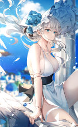 Rule 34 | 1girl, a maru, bad id, bad pixiv id, bare shoulders, blue eyes, blue flower, blurry, blurry background, bonnet, breasts, city, cleavage, closed mouth, cloud, collarbone, day, depth of field, doll joints, dress, earrings, feathers, floating hair, flower, frilled hat, frills, hat, hat flower, highres, jewelry, joints, large breasts, long hair, original, outdoors, rose, scenery, silver hair, sitting, solo, white dress, white hat, wind