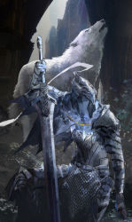 Rule 34 | 1boy, animal, arm at side, arm up, armor, armored dress, artorias the abysswalker, breastplate, dark souls (series), dark souls i, faceless, faulds, feet out of frame, gauntlets, great grey wolf sif, greatsword, greaves, hand on hilt, helmet, holding, holding sword, holding weapon, hood, howling, knight, light particles, limiicirculate, looking away, on one knee, pauldrons, planted, planted sword, planted weapon, plume, shoulder armor, sword, weapon