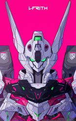 Rule 34 | absurdres, artist name, azzalea, character name, commentary, english commentary, english text, green eyes, gundam, gundam lfrith, gundam suisei no majo, highres, looking at viewer, mecha, mobile suit, no humans, pink background, robot, science fiction, solo, upper body