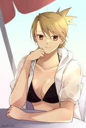 Rule 34 | 1girl, alternate costume, bikini, black bikini, blonde hair, breasts, brown eyes, closed mouth, commentary request, earrings, folded ponytail, fullmetal alchemist, jacket, jewelry, looking at viewer, open clothes, open jacket, riza hawkeye, simple background, smile, solo, swimsuit, takafuji yuna