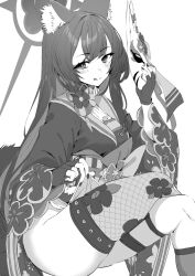 Rule 34 | 1girl, :q, animal ear fluff, animal ears, blue archive, closed mouth, crossed legs, fingerless gloves, fishnet thighhighs, fishnets, fox ears, fox girl, fox mask, fox tail, from side, gloves, greyscale, halo, highres, holding, holding mask, japanese clothes, jun project, kimono, kneehighs, long hair, long sleeves, looking at viewer, looking to the side, mask, monochrome, simple background, single kneehigh, single sock, single thighhigh, sitting, smile, socks, solo, tail, thigh strap, thighhighs, tongue, tongue out, wakamo (blue archive), white background, wide sleeves