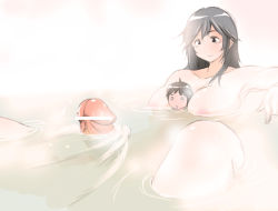 Rule 34 | 1boy, 1girl, bath, between breasts, blush, breasts, brown eyes, brown hair, censored, erection, futanari, giant, giantess, grey hair, head between breasts, large breasts, large penis, long hair, lying on person, mixed-sex bathing, o o, panah, pastel colors, penis, shared bathing, sitting, sitting on lap, sitting on person, size difference, smile