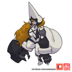 Rule 34 | barefoot, black eyes, breasts, brown hair, claws, cleavage, fangs, hat, highres, huge breasts, large tail, long hair, monster girl, patreon logo, revealing clothes, shawnger, tail, watermark