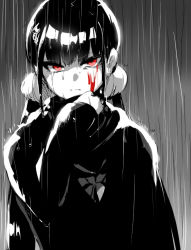 Rule 34 | 1girl, alternate costume, black hair, blood, blood on face, closed mouth, commentary request, danganronpa (series), danganronpa v3: killing harmony, gradient background, grey background, hair ornament, hair scrunchie, hairclip, hand up, harukawa maki, long hair, long sleeves, looking at viewer, low twintails, rain, red eyes, scarf, scrunchie, serious, solo, spot color, suurin (ksyaro), sweater, tears, twintails, upper body, v-shaped eyebrows
