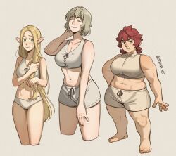 Rule 34 | 3girls, bare shoulders, barefoot, black eyes, blonde hair, bob cut, breasts, bright pupils, cleavage, closed eyes, commentary, cropped legs, dungeon meshi, dwarf, elf, english commentary, etceteraart, falin touden, full body, green eyes, hand on own head, highres, holding, holding hair, large breasts, long hair, marcille donato, medium hair, multiple girls, muscular, muscular female, namari (dungeon meshi), navel, nervous smile, panties, pointy ears, red hair, short hair, shorts, simple background, smile, sweatdrop, toes, twitter username, underwear, very long hair, white pupils