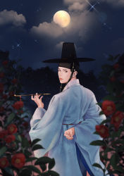 Rule 34 | 1boy, absurdres, arm behind back, back, bad id, bad pixiv id, black hair, black headwear, blue robe, blurry, camellia, cken chi, depth of field, flower, from behind, full moon, gat (korean traditional hat), hair pulled back, hanbok, headband, highres, holding, holding smoking pipe, korean clothes, korean commentary, lips, looking at viewer, looking back, male focus, moon, night, nose, original, outdoors, parted lips, realistic, robe, short hair, sky, smoke, smoking, smoking pipe, solo, sparkle, standing, star (sky), starry sky, thick lips, topknot, wide sleeves
