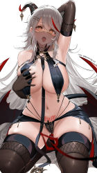 Rule 34 | 1girl, absurdly long hair, absurdres, aegir (azur lane), arm up, armpits, artist name, azur lane, bare shoulders, between breasts, black gloves, black panties, black thighhighs, breast curtains, breasts, cleavage, collarbone, commentary, cross, cross-laced clothes, demon girl, demon horns, demon tail, demon wings, dishwasher1910, earrings, elbow gloves, english commentary, gloves, gluteal fold, grabbing own breast, groin, hair between eyes, hair ornament, hairclip, heart, heart-shaped pupils, highres, horn ornament, horns, iron cross, jewelry, large breasts, long hair, looking at viewer, low wings, mouth veil, multi-strapped panties, multicolored hair, navel, neckwear between breasts, o-ring, open mouth, panties, pubic tattoo, red hair, shadow, sidelocks, simple background, sitting, skindentation, solo, stomach, strap between breasts, streaked hair, swept bangs, symbol-shaped pupils, tail, tattoo, teeth, thighhighs, tongue, tongue out, underwear, upper teeth only, veil, very long hair, waist cape, wariza, white background, white hair, wings, yellow eyes