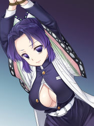 Rule 34 | 1girl, arms up, belt, black jacket, bound, bound wrists, breasts, butterfly hair ornament, closed mouth, forehead, gradient background, hair ornament, jacket, kimetsu no yaiba, kochou shinobu, large breasts, long sleeves, looking at viewer, military, military uniform, nagiyamasugi, no bra, no pupils, open clothes, open jacket, open shirt, parted bangs, purple eyes, purple hair, shirt, solo, uniform, white belt, white shirt, wide sleeves