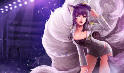 Rule 34 | 1girl, :d, \m/, ahri (league of legends), alternate costume, animal ears, audience, balcony, bent over, black hair, breasts, brown eyes, buttons, cleavage, collarbone, confetti, cosplay, crowd, facial mark, fang, fox ears, fox tail, generation ahri, girls&#039; generation, goomrrat, hand on headwear, hand on own knee, hand up, hat, idol, jacket, large breasts, league of legends, lights, long hair, long sleeves, looking at viewer, military, military uniform, multiple tails, naval uniform, open mouth, peaked cap, pocket, pointing, pointing up, purple hair, riot games, short shorts, shorts, silhouette, slit pupils, sm entertainment, smile, solo focus, stage, stage lights, tail, uniform, whisker markings, yellow eyes