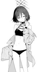 Rule 34 | 1girl, arm behind back, bikini, black bikini, breasts, closed mouth, collarbone, cowboy shot, dot nose, greyscale, hair between eyes, hand up, head tilt, highres, legs apart, long sleeves, looking to the side, mameojitan, monochrome, navel, off shoulder, open clothes, open shirt, original, pinstripe pattern, pinstripe shirt, shirt, short hair, sidelocks, small breasts, solo, stomach, swimsuit, thighs