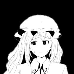 Rule 34 | 1girl, black background, collared dress, dress, female focus, greyscale, hat, maribel hearn, mob cap, monochrome, no nose, portrait, simple background, solo, sweat, touhou
