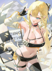 Rule 34 | 1girl, absurdres, aqua eyes, asymmetrical legwear, bare shoulders, black gloves, blonde hair, bow, braid, braided bangs, breasts, checkered flag, choker, cleavage, commentary, cowboy shot, detached sleeves, flag, gloves, hair bow, highleg, highleg panties, highres, large breasts, leaning forward, long hair, looking to the side, microskirt, midriff, mismatched legwear, navel, original, panties, partially fingerless gloves, race queen, rima (0136), see-through, skindentation, skirt, smile, solo, sonya (schan), symbol-only commentary, thighhighs, tongue, tongue out, underwear, very long hair