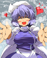 Rule 34 | 1girl, ^ ^, ario, breasts, breath, closed eyes, closed eyes, female focus, hat, heart, incoming hug, large breasts, letty whiterock, open mouth, purple hair, smile, snow, solo, touhou