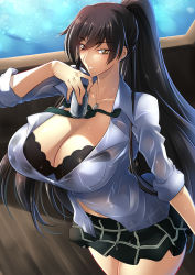 Rule 34 | 1girl, black bra, black hair, bra, can, drink can, haganef, highres, idolmaster, idolmaster shiny colors, jewelry, looking at viewer, necklace, necktie, pleated skirt, ponytail, school uniform, shirase sakuya, skirt, smile, soda can, solo, sweat, tagme, underwear
