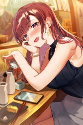 Rule 34 | 1girl, alcohol, arm support, armpit peek, blue nails, blush, breasts, cellphone, choko (cup), chopsticks, commentary request, cup, earrings, eating, fang, hand on own face, highres, holding, holding cup, indoors, iphone x, jewelry, large breasts, leaning on table, looking at viewer, mole, mole on breast, monoto, nail polish, open mouth, original, pencil skirt, phone, red eyes, red hair, ribbed sweater, sake, sitting, skin fang, skirt, smartphone, smile, solo, sweater, sweater tucked in, sweater vest, turtleneck, turtleneck sweater