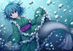 Rule 34 | 1girl, absurdres, air bubble, blue eyes, blue hair, bubble, closed mouth, fins, frilled kimono, frilled sleeves, frills, full body, green kimono, head fins, highres, japanese clothes, kimono, looking at viewer, mermaid, monster girl, obi, sash, smile, solo, suigetsu (watermoon-910), touhou, underwater, wakasagihime, wide sleeves