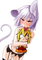 Rule 34 | 1girl, absurdres, animal ear fluff, animal ears, black panties, black thighhighs, blush, breasts, character doll, closed mouth, commentary request, cowboy shot, crotch cutout, hugging doll, expressionless, garter belt, ginger ale (syouga 6383), grey hair, hair between eyes, highres, looking at viewer, mouse ears, mouse girl, mouse tail, nazrin, hugging object, panties, pearl thong, red eyes, short hair, simple background, small breasts, solo, tail, thighhighs, topless, toramaru shou, touhou, underwear, underwear only, white background