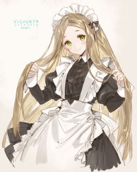 Rule 34 | 1girl, apron, beige background, black ribbon, blonde hair, blush, closed mouth, cowboy shot, dated, empew, flat chest, frilled apron, frills, green eyes, hair lift, head tilt, highres, juliet sleeves, long hair, long sleeves, looking at viewer, maid, maid apron, maid headdress, original, puffy sleeves, ribbon, sketch, smile, solo, very long hair, w arms, white apron