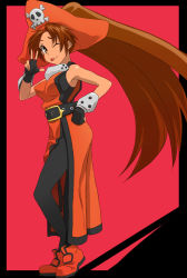 Rule 34 | 1girl, :p, arc system works, arched back, brown hair, fingerless gloves, gloves, gousaikoo, guilty gear, hat, long hair, may (guilty gear), one eye closed, orange hat, orange shirt, pantyhose, shirt, solo, tongue, tongue out, v