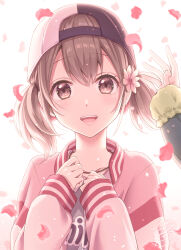 Rule 34 | 1girl, azusawa kohane, backwards hat, brown eyes, brown hair, character request, flower, hair flower, hair ornament, hat, hinata mizuiro, jacket, long sleeves, looking at viewer, low twintails, open mouth, out of frame, petals, project sekai, smile, solo focus, twintails, upper body