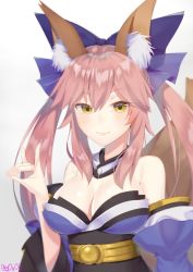 Rule 34 | 10s, 1girl, animal ears, artist name, bare shoulders, blue bow, bow, breasts, cleavage, closed mouth, detached collar, detached sleeves, eyebrows, fate/extra, fate (series), fox ears, fox shadow puppet, fox tail, gradient background, grey background, hair between eyes, hair bow, japanese clothes, long hair, looking at viewer, pink hair, pink lips, sash, sidelocks, signature, smile, solo, strapless, tail, tamamo no mae (fate/extra), twintails, twitter username, upper body, yellow eyes, you06