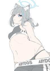 Rule 34 | 1girl, :o, absurdres, alternate costume, animal ears, armpit peek, arms behind back, bare shoulders, black panties, blue archive, blue eyes, brand name imitation, clothes pull, cowboy shot, cross, cross hair ornament, from below, grey hair, grey sports bra, groin, hair ornament, halo, highres, inverted cross, light blush, looking at viewer, masabodo, navel, panties, panty peek, revision, shiroko (blue archive), shorts, shorts pull, sidelocks, skindentation, solo, sports bra, stomach, underwear, wolf ears