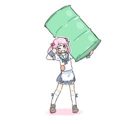 Rule 34 | 1girl, apron, blue skirt, blush, bracelet, brown footwear, carrying over shoulder, drum (container), full body, green sailor collar, grin, hair bobbles, hair ornament, jewelry, jibakurei (elite unchi), kantai collection, kneehighs, loafers, looking at viewer, medium hair, neck ribbon, pink hair, pleated skirt, red eyes, ribbon, sailor collar, sazanami (kancolle), school uniform, serafuku, shirt, shoes, simple background, skirt, smile, socks, solo, standing, twintails, v-shaped eyebrows, w over eye, waist apron, white background, white shirt