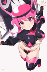 Rule 34 | 1girl, absurdres, black hat, black shrug, black thighhighs, blush, breasts, closed mouth, commentary, english commentary, from above, hair between eyes, hat, heart, highres, jakuzure nonon, jakuzure nonon (symphony regalia), kill la kill, large breasts, long sleeves, looking at viewer, navel, outstretched arms, oversized hat, pink eyes, pink hair, pink thighhighs, shako cap, shrug (clothing), simple background, smile, solo, spread arms, stomach, strapless bottom, t-lex, thighhighs, thighs, white background