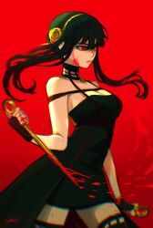 Rule 34 | 1girl, black dress, black gloves, blood, blood on face, bloody weapon, blurry, blurry foreground, breasts, cleavage, dagger, dress, dual wielding, fingerless gloves, gloves, gold hairband, gradient background, hairband, highres, holding, holding weapon, knife, large breasts, red background, red eyes, sethkiel, signature, solo, spy x family, two-sided dress, two-sided fabric, weapon, yor briar