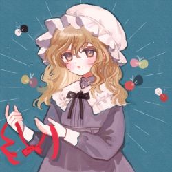 Rule 34 | 1girl, blonde hair, blue background, blush, bow, bowtie, brown bow, brown bowtie, collar, collared dress, crescent, crescent print, dress, hair between eyes, hands up, hat, highres, long sleeves, looking at viewer, maribel hearn, medium hair, mob cap, open mouth, purple dress, purple eyes, red bow, simple background, solo, star (symbol), star print, touhou, wavy hair, white hat, yellow eyes, yujup