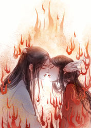 Rule 34 | androgynous, black hair, braid, crying, closed eyes, facing another, fire, gender request, graphite (medium), imminent kiss, ko hokoryoku, long hair, original, pale skin, parted lips, profile, tears, traditional media, very long hair, wing hair ornament
