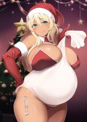 Rule 34 | 1girl, big belly, bikini, blonde hair, blush, breasts, christmas, christmas ornaments, christmas tree, cleavage, cowboy shot, curvy, elbow gloves, gloves, green eyes, groin, hat, highres, huge breasts, kuronyan, licking lips, long hair, looking at viewer, original, pregnant, red bikini, santa hat, shiny skin, sidelocks, smile, solo, standing, swimsuit, tan, thick thighs, thighs, tongue, tongue out, v, wide hips