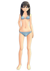 Rule 34 | 1girl, barefoot, black eyes, black hair, blue bra, blue panties, blush, bra, breasts, closed mouth, commentary request, crotch seam, full body, hand on own hip, looking at viewer, maburu (lojyq1eur3e8bit), medium hair, navel, original, panties, simple background, small breasts, smile, solo, standing, striped bra, striped clothes, striped panties, underwear, underwear only, white background