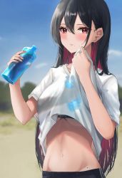 Rule 34 | 1girl, absurdres, amane sora, black hair, black shorts, blue sky, blurry, blurry background, blush, bottle, breasts, clothes lift, colored inner hair, day, groin, hair between eyes, highres, holding, holding bottle, large breasts, lifted by self, long hair, looking at viewer, mole, mole on thigh, mole under mouth, multicolored hair, navel, original, outdoors, red eyes, red hair, shirt, shirt lift, short sleeves, shorts, sidelocks, sky, solo, stomach, sweat, two-tone hair, underboob, water bottle, white shirt