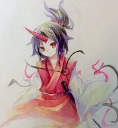Rule 34 | 1girl, black hair, closed mouth, commentary request, flat chest, horns, japanese clothes, kaigen 1025, kimono, konngara (touhou), long sleeves, looking at viewer, painting (medium), red eyes, red horns, red kimono, red skirt, single horn, skirt, sleeveless, sleeveless kimono, solo, sword, touhou, touhou (pc-98), traditional media, watercolor (medium), weapon, white sleeves, wide sleeves