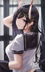 Rule 34 | 1girl, azur lane, black hair, black sailor collar, bra, breasts, earrings, from behind, hair ornament, hairclip, highres, horns, jewelry, long hair, looking at viewer, looking back, medium breasts, noshiro (azur lane), panipo, parted lips, purple eyes, sailor collar, school uniform, see-through, serafuku, shirt, short sleeves, skin-covered horns, smile, solo, towel, underwear, upper body, wet, wet clothes, wet shirt, white shirt, x hair ornament