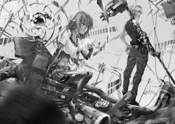 Rule 34 | 1boy, 1girl, absurdres, bad id, bad pixiv id, belt, collarbone, essual (layer world), greyscale, highres, long hair, magic circle, monochrome, original, road sign, short hair, sign, sitting, skirt, weapon