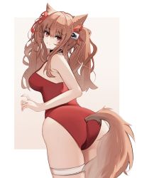 Rule 34 | 1girl, angelina (arknights), angelina (summer flower) (arknights), animal ears, arknights, ass, bare arms, bare shoulders, breasts, brown hair, casual one-piece swimsuit, closed mouth, collar, fox ears, fox girl, fox tail, from behind, hair ribbon, highres, infection monitor (arknights), l.v.c., leaning forward, long hair, looking at viewer, looking back, medium breasts, official alternate costume, one-piece swimsuit, red eyes, red one-piece swimsuit, red ribbon, ribbon, solo, swimsuit, tail, thigh strap, twintails, two-tone background, white background, yellow background