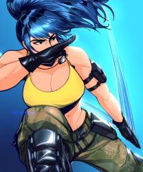 Rule 34 | 1girl, armlet, artist name, astrubalart, bare shoulders, belt, blue eyes, blue hair, boots, breasts, camouflage, camouflage pants, cleavage, combat boots, dog tags, earrings, gloves, highres, jewelry, large breasts, leona heidern, pants, pocket, ponytail, shiny clothes, sleeveless, solo, tank top, the king of fighters, the king of fighters xiv, the king of fighters xv, yellow tank top