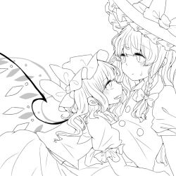 Rule 34 | blush, bow, braid, closed mouth, collared shirt, fang, flandre scarlet, greyscale, hair bow, hat, hat bow, hat ribbon, kirisame marisa, kuromame1025, lineart, looking at another, medium hair, mob cap, monochrome, open mouth, puffy short sleeves, puffy sleeves, ribbon, shirt, short sleeves, simple background, single braid, skirt, sweatdrop, touhou, vest, wings, witch hat, yuri