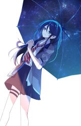 Rule 34 | 1girl, black hair, black skirt, blue eyes, closed mouth, collared shirt, cowboy shot, double exposure, dutch angle, feet out of frame, galaxy, grey jacket, high-waist skirt, highres, holding, holding umbrella, hoshino ichika (project sekai), jacket, legs apart, long exposure, long hair, long sleeves, looking ahead, miniskirt, necktie, open clothes, open collar, open jacket, own hands clasped, own hands together, pleated skirt, project sekai, red necktie, ritzchrono, shirt, shirt tucked in, sidelocks, simple background, skirt, smile, solo, space, star trail, straight hair, umbrella, white background, white shirt