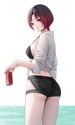 Rule 34 | 1girl, absurdres, ass, bangle, bikini, black bikini, black hair, black shorts, bracelet, breasts, can, coca-cola, collared shirt, denim, denim shorts, dress shirt, from behind, gradient hair, highres, hip vent, holding, holding can, jewelry, kisaragi ren (vtuber), long sleeves, looking at viewer, looking back, medium breasts, multicolored hair, ocean, open clothes, open shirt, parted bangs, parted lips, pomelunch, red eyes, red hair, shirt, short hair, shorts, sideless outfit, smile, solo, strap gap, swimsuit, tied shirt, virtual youtuber, vspo!, white shirt