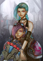 Rule 34 | 2girls, aqua hair, bad id, bad pixiv id, bare shoulders, braid, gauntlets, goggles, hairline, jewelry, jinx (league of legends), league of legends, long hair, multiple girls, necklace, pink hair, shevan, short hair, shoulder pads, tattoo, twin braids, vi (league of legends)