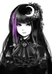 Rule 34 | 1girl, alternate costume, alternate hairstyle, ascot, crescent, crescent hair ornament, face, female focus, hair ornament, i-la, lips, long hair, looking at viewer, monochrome, no headwear, patchouli knowledge, purple eyes, purple hair, simple background, solo, spot color, touhou