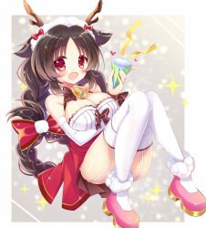 Rule 34 | 1girl, antlers, arm under breasts, azur lane, bare shoulders, bell, black hair, border, bow, bowtie, braid, breasts, christmas, cleavage, detached sleeves, dress, fake antlers, fang, garter straps, hair bow, heart, horns, large breasts, long hair, looking at viewer, neck bell, official alternate costume, ooshio (azur lane), ooshio (the reindeer&#039;s present) (azur lane), open mouth, outside border, parted bangs, pink footwear, red bow, red dress, red eyes, reindeer antlers, shikito (yawa0w0), skin fang, solo, sparkle, thighhighs, twin braids, two-tone dress, white border, white dress, white garter straps, white sleeves, white thighhighs