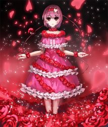 Rule 34 | 1girl, alternate costume, dress, eyeball, female focus, flower, gown, komeiji satori, outstretched arms, petals, purple hair, red eyes, red flower, red rose, rose, rose petals, short hair, solo, spread arms, standing, third eye, touhou, vetina