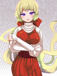 Rule 34 | 10s, blonde hair, blue eyes, blush, breasts, cardfight!! vanguard, crossed arms, dress, hair ribbon, lowres, nightmare doll alice, pale moon, red dress, ribbon