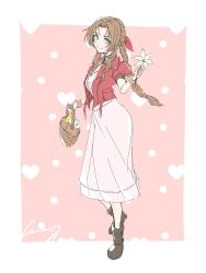 Rule 34 | 1girl, aerith gainsborough, bangle, basket, boots, border, bracelet, braid, braided ponytail, breasts, brown footwear, brown hair, choker, closed mouth, crazy02oekaki, cropped jacket, dress, final fantasy, final fantasy vii, final fantasy vii remake, flower, flower basket, full body, green eyes, hair ribbon, heart, highres, holding, holding basket, holding flower, jacket, jewelry, light blush, lily (flower), long dress, long hair, looking at viewer, medium breasts, parted bangs, pink background, pink dress, red jacket, red ribbon, ribbon, ribbon choker, sidelocks, signature, single braid, smile, solo, wavy hair, white border, yellow flower