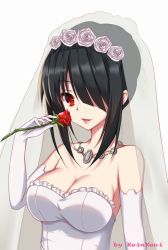 Rule 34 | 1girl, artist name, bare shoulders, black hair, breasts, bridal veil, cleavage, date a live, dress, flower, frills, hair over one eye, hair up, jewelry, large breasts, lips, long hair, looking at viewer, necklace, parted lips, qingchen (694757286), red eyes, red rose, rose, sidelocks, solo, strapless, strapless dress, tokisaki kurumi, upper body, veil, wedding dress